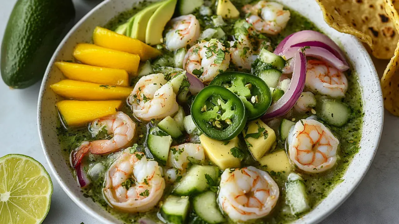 Shrimp Aguachile with sliced avocado and mango