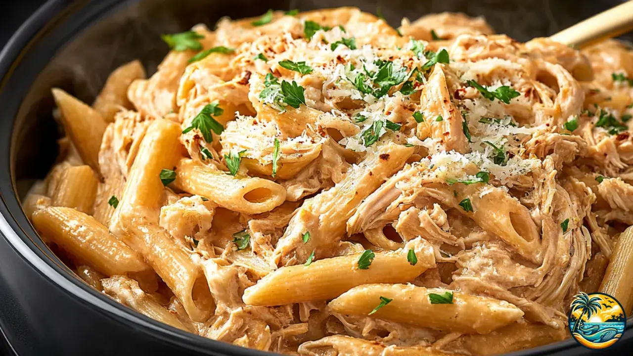 Slow Cooker Garlic Chicken Parmesan Pasta
